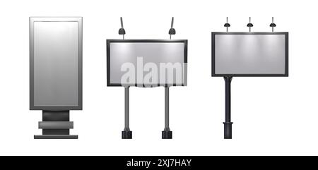 Werbetafeln im Freien auf weißem Hintergrund. Vektor-realistische Illustration von 3D-Bannermodellen mit LED-Beleuchtung, Leuchtkasten mit leerem Platz für Geschäftsankündigungen Stock Vektor