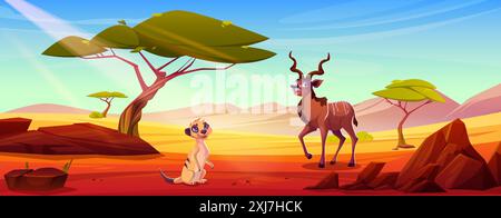 Niedliche Cartoon-Antilopen und Erdmännchen in der afrikanischen Savanne mit grünen Akazienbäumen und Steinen, Sandfeldern und felsigen Bergen am Horizont, blauem Himmel. Afrikanische Tiere in der Safari-Wüste. Stock Vektor