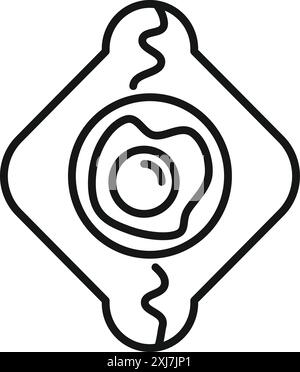 Einfache schwarz-weiße Linienzeichnung eines Stücks Toast mit Spiegelei darauf, ideal für Frühstücks- und Brunch-Motive Stock Vektor