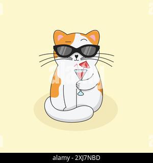 Niedliche weiße und Ingwerkatze mit Sonnenbrille, die im Juli Fruchtcocktail trinkt. Lustige Cartoon Kitten Genießt Sommersaison Vektor-Illustration. Stock Vektor