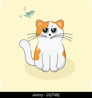 Süße Weiße und Ingwerkatze jagen im Juni einen kleinen Vogel. Lustiger Cartoon Kitten mit großen Augen. Sommersaison Vektor-Illustration. Stock Vektor