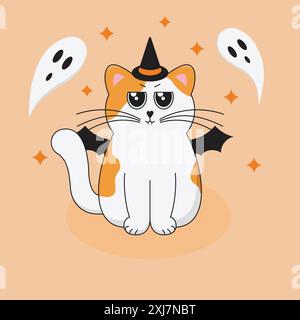 Niedliche weiße und Ingwerkatze im Halloween-Kostüm im Oktober. Lustiger Cartoon Kitten mit großen Augen. Herbstsaison Vektor-Illustration. Stock Vektor