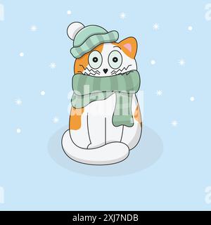 Niedliche weiße und Ingwerkatze mit grünem Schal und Hut friert im Januar ein. Lustiger Cartoon Kitten mit großen Augen. Wintersaison Vektor-Illustration. Stock Vektor