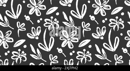 Nahtloses Muster mit Blumenpinsel. Floral abstrakt Hand gezeichnet Pinsel Farbe Hintergrund. Skizzieren Sie handgezeichnetes, florales Muster. Hintergrund mit Tafel-Textur und Blume. Vektorabbildung Stock Vektor