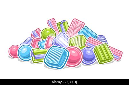 Vektor Bubble Gum Pile, dekoratives horizontales Poster mit Zeichentrickdesign vibrierende verschiedene Bubble Gum Komposition, Stapel der Gruppe viele verschiedene Bubble Gu Stock Vektor
