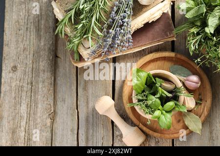 Verschiedene aromatische Kräuter, Mörtel mit Stößel, alte Bücher und Gewürze auf Holztisch, flache Ladefläche. Leerzeichen für Text Stockfoto