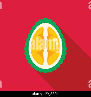 Minimalistische Ikone einer in zwei Hälften geschnittenen Durianfrucht, die ihr gelbes Fleisch offenbart, für Lebensmittel- und Lifestyle-Projekte Stock Vektor