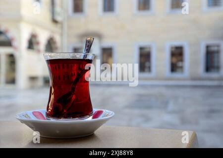 Tee auf der Terrasse der Kocatepe Ulu Moschee, Istanbul, Türkei Stockfoto