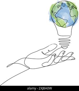 Durchgehende einzeilige Zeichnung einer menschlichen Hand, die die Glühbirne mit der Erdkugel im Inneren hält. Globales ökologisches Konzept mit einer Linie gezeichnet. Vektorillustraten Stock Vektor