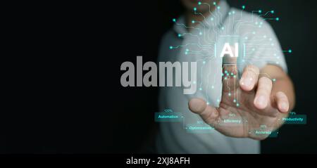 KI, künstliche Intelligenz, hat Einfluss. Ein Mann tippt mit dem Finger auf den virtuellen KI-Bildschirm, um Automatisierung, Effizienz, Optimierung, Genauigkeit, Stockfoto