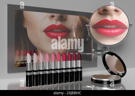 Lippenstifte in verschiedenen Rottönen und Gesichtspuder vor dem Spiegel mit Nahaufnahme der Lippen der Frau Stockfoto