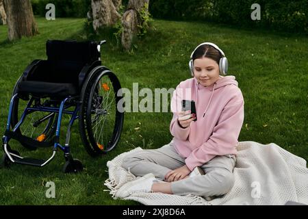 Eine junge Frau mit rosa Hoodie sitzt auf einer Decke im Park, während sie ihr Telefon benutzt. Ihr Rollstuhl ist neben ihr. Stockfoto