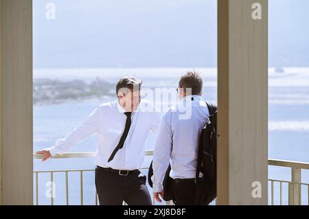 16. Juli 2024, Villa San Giovanni, Reggio Calabria, Italien: Robert Habeck (Bundesminister für Wirtschaft und Klimaschutz, Deutschland) mit einem Gast gesehen. Das Treffen des Handelsministers der G7-Gruppe traf sich in der Villa San Giovanni im Hotel Altafiumara mit Vertretern der EU-Kommission, der internationalen Organisation und der Outreach-Länder (Credit Image: © Valeria Ferraro/ZUMA Press Wire) NUR REDAKTIONELLE VERWENDUNG! Nicht für kommerzielle ZWECKE! Stockfoto