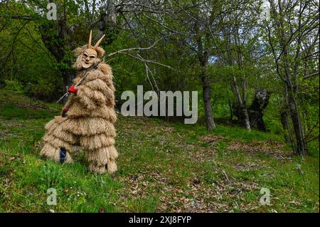 Eine traditionelle Maske aus Lazarim, Portugal, die aufwändig aus Holz geschnitzt wurde, symbolisiert das reiche kulturelle Erbe der Region. Diese Masken stehen im Mittelpunkt des Karnevals von Lazarim, der in alten heidnischen Ritualen verwurzelt ist, die das Ende des Winters und die Ankunft des Frühlings feiern und die tiefe Verbindung der Gemeinde zu ihren historischen Traditionen demonstrieren. Stockfoto