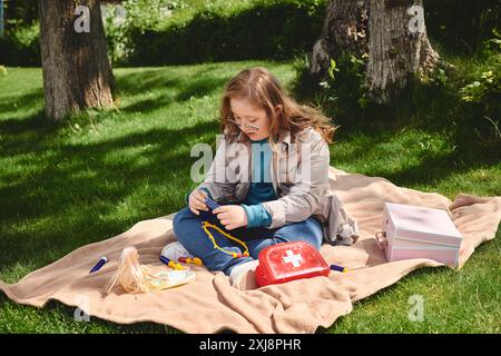 Ein kleines Mädchen mit Down-Syndrom sitzt auf einer Decke im Gras und spielt mit Spielzeug. Stockfoto