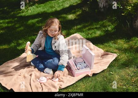 Ein kleines Mädchen mit Down-Syndrom genießt eine Nachmittagstee-Party im Freien. Stockfoto