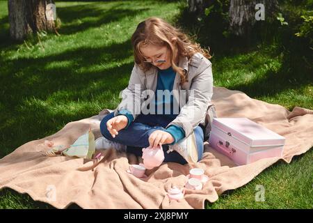 Ein kleines Mädchen mit Down-Syndrom genießt eine Teeparty auf einer Decke im Park. Stockfoto