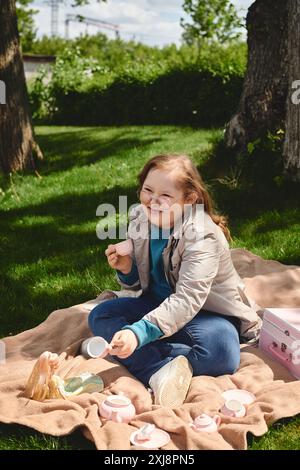 Ein kleines Mädchen mit Down-Syndrom genießt eine Teeparty mit ihrer Puppe in einem sonnigen Garten. Stockfoto