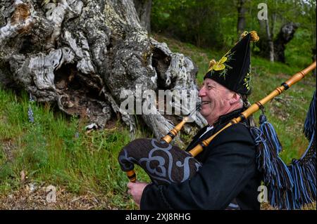 Ein traditioneller Gaiteiro aus Galicien, gekleidet in klassischer Kleidung mit Weste, weißem Hemd, knielanger Hose und breiter Krempe, spielt den Gaita, den legendären Dudelsack der Region. Dieser Musiker verkörpert das reiche kulturelle Erbe und die musikalischen Traditionen Galiciens und bringt lebendige Melodien in die festliche Atmosphäre lokaler Feiern Stockfoto