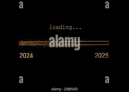 2025 Loading, goldener Glitzer Fortschrittsbalken auf schwarzem Hintergrund, Neujahrsgrußkarte Stockfoto