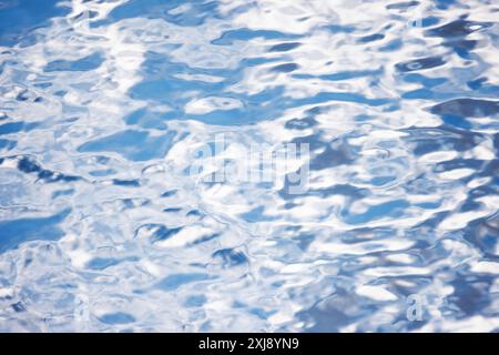 Wasseroberfläche mit welligen Reflexen des blauen Himmels, abstrakte natürliche Hintergrundfotostruktur Stockfoto