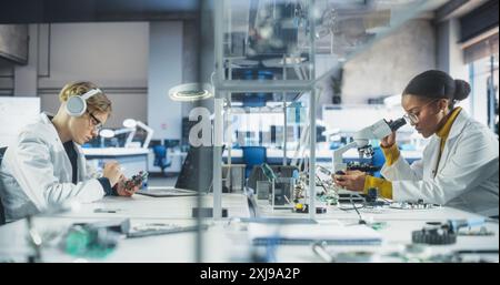 Forschungslabor der modernen Wissenschaft in der Universität: Vielfältige Nachwuchswissenschaftler in Weißmänteln mit Mikroskopen, Testing Circuit Boards und Microchips für ein Technologieprojekt in der Schule Stockfoto