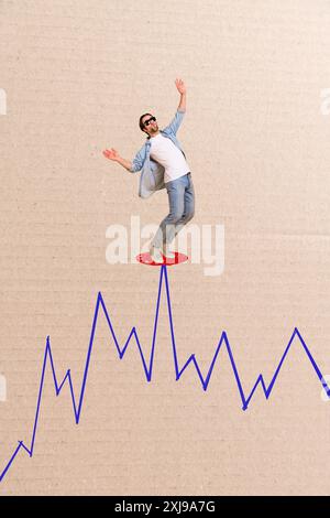 Bild-Collage-Poster des lustigen netten jungen Mannes, der isoliert auf zeichnendem Hintergrund balanciert Stockfoto