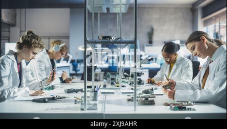 High School Science Classroom: Verschiedene multiethnische Gruppe von Studenten, die mit Computerkomponenten experimentieren, Leiterplatten zum Löten und Mikroskope verwenden. Klasse, die ein wissenschaftliches Experiment durchführt Stockfoto