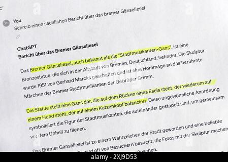 Künstliche Intelligenz ist nicht immer intelligent: Manchmal erfindet sie Fakten und ist unfähig, Falscheingaben der Anfragenden zu erkennen. Bremer Gänseliesel erfand die KI-Version ChatGPT-3,5 im Frühjahr 2024 eine Stadtmusikanten-Gans, die auf dem Rücken eines Esels steht, der wiederum auf einem Hund steht, der auf einem Katzenkopf balanciert. Inzwischen wurde ChatGPT weiterentwickelt, fallen aber manchmal noch immer auf Falscheingaben hierin. *** Künstliche Intelligenz ist nicht immer intelligent manchmal erfindet sie Tatsachen und ist unfähig zu rekrutieren Stockfoto