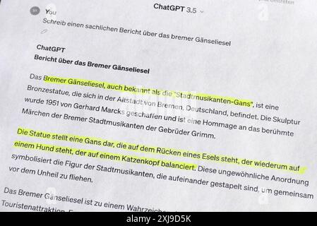 Künstliche Intelligenz ist nicht immer intelligent: Manchmal erfindet sie Fakten und ist unfähig, Falscheingaben der Anfragenden zu erkennen. Bremer Gänseliesel erfand die KI-Version ChatGPT-3,5 im Frühjahr 2024 eine Stadtmusikanten-Gans, die auf dem Rücken eines Esels steht, der wiederum auf einem Hund steht, der auf einem Katzenkopf balanciert. Inzwischen wurde ChatGPT weiterentwickelt, fallen aber manchmal noch immer auf Falscheingaben hierin. *** Künstliche Intelligenz ist nicht immer intelligent manchmal erfindet sie Tatsachen und ist unfähig zu rekrutieren Stockfoto