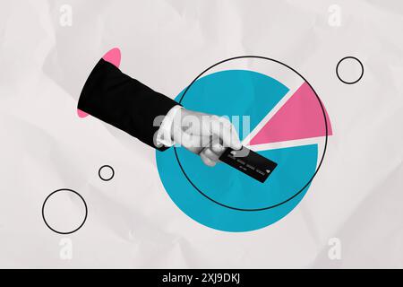 Kreative Collage Bild Geschäftsmann Handtasche Kreditkartenzahlung Bank Infografik Start-up Fortschrittsstatistik Zeichnung Hintergrund Stockfoto