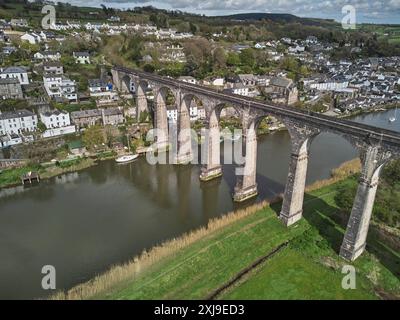 Ein Blick auf den Tamar bei Calstock, mit einem Eisenbahnviadukt, der ihn überquert, an der Devon-Cornwall-Grenze, Cornwall, England, Vereinigtes Königreich, Europa-Polizisten Stockfoto