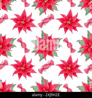 Weihnachtsstern mit Blättern und Karamellbonbons, Lutscher. Nahtloses handgezeichnetes Muster, isoliert vom Hintergrund. Illustration mit Aquarell Stockfoto