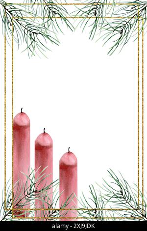 Aquarellkarte für Weihnachten und Neujahr mit grünen Tannenzweigen und roten Kerzen. Handgezeichnete Winterelemente in goldenen Rahmen für saisonale Par Stockfoto