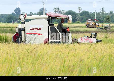 Nay Pyi Taw, Myanmar. Juli 2024. Ein Mähdrescher erntet Reis auf einem Feld am Stadtrand von Nay Pyi Taw, Myanmar, 17. Juli 2024. Quelle: Myo Kyaw Soe/Xinhua/Alamy Live News Stockfoto