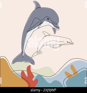 Verspielte Delfine in leuchtenden Farben, festgehalten in elegantem Line Art Stil. Meereslebewesen. Stock Vektor