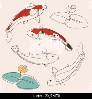 Anmutige Koi-Fische schwimmen zwischen zarten Lotusblüten. Elegante Strichgrafik-Illustration. Stock Vektor