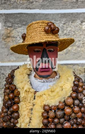 Der Carrabouxo, ein fesselnder Charakter aus dem Dorf Budián in Pantón, Galicien, ist eine zentrale Figur der traditionellen Feste der Region. Dieses einzigartige Kostüm ist von Kopf bis Fuß mit Eichengürteln (Carrabouxos) verziert und symbolisiert die Verbindung mit Natur und landwirtschaftlichem Erbe. Der Carrabouxo, der den Geist der Ernte repräsentiert, fügt den Feierlichkeiten ein mystisches und bezauberndes Element hinzu, das die reichen kulturellen Traditionen und den gemeinsamen Stolz des galicischen Volkes zeigt. Stockfoto