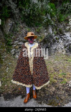 Der Carrabouxo, ein fesselnder Charakter aus dem Dorf Budián in Pantón, Galicien, ist eine zentrale Figur der traditionellen Feste der Region. Dieses einzigartige Kostüm ist von Kopf bis Fuß mit Eichengürteln (Carrabouxos) verziert und symbolisiert die Verbindung mit Natur und landwirtschaftlichem Erbe. Der Carrabouxo, der den Geist der Ernte repräsentiert, fügt den Feierlichkeiten ein mystisches und bezauberndes Element hinzu, das die reichen kulturellen Traditionen und den gemeinsamen Stolz des galicischen Volkes zeigt. Stockfoto