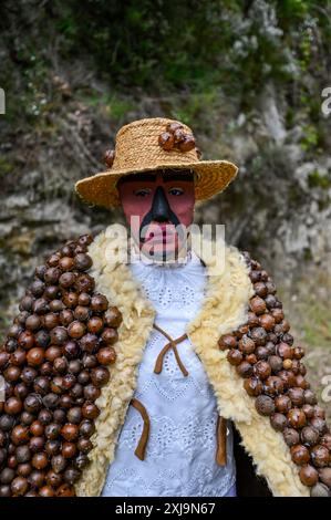 Der Carrabouxo, ein fesselnder Charakter aus dem Dorf Budián in Pantón, Galicien, ist eine zentrale Figur der traditionellen Feste der Region. Dieses einzigartige Kostüm ist von Kopf bis Fuß mit Eichengürteln (Carrabouxos) verziert und symbolisiert die Verbindung mit Natur und landwirtschaftlichem Erbe. Der Carrabouxo, der den Geist der Ernte repräsentiert, fügt den Feierlichkeiten ein mystisches und bezauberndes Element hinzu, das die reichen kulturellen Traditionen und den gemeinsamen Stolz des galicischen Volkes zeigt. Stockfoto