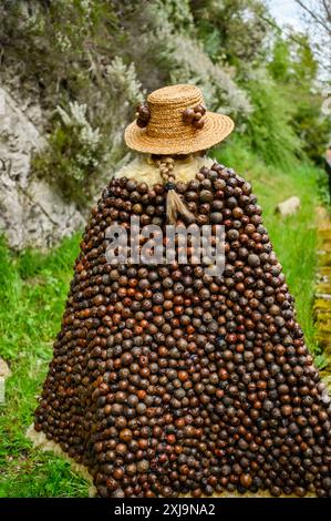 Der Carrabouxo, ein fesselnder Charakter aus dem Dorf Budián in Pantón, Galicien, ist eine zentrale Figur der traditionellen Feste der Region. Dieses einzigartige Kostüm ist von Kopf bis Fuß mit Eichengürteln (Carrabouxos) verziert und symbolisiert die Verbindung mit Natur und landwirtschaftlichem Erbe. Der Carrabouxo, der den Geist der Ernte repräsentiert, fügt den Feierlichkeiten ein mystisches und bezauberndes Element hinzu, das die reichen kulturellen Traditionen und den gemeinsamen Stolz des galicischen Volkes zeigt. Stockfoto