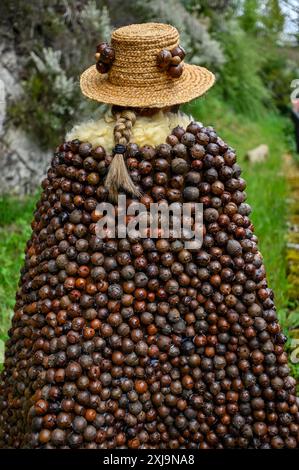 Der Carrabouxo, ein fesselnder Charakter aus dem Dorf Budián in Pantón, Galicien, ist eine zentrale Figur der traditionellen Feste der Region. Dieses einzigartige Kostüm ist von Kopf bis Fuß mit Eichengürteln (Carrabouxos) verziert und symbolisiert die Verbindung mit Natur und landwirtschaftlichem Erbe. Der Carrabouxo, der den Geist der Ernte repräsentiert, fügt den Feierlichkeiten ein mystisches und bezauberndes Element hinzu, das die reichen kulturellen Traditionen und den gemeinsamen Stolz des galicischen Volkes zeigt. Stockfoto