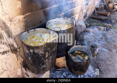 Große Töpfe, die Gemüse über einem Holzfeuer kochen, um Locro, einen traditionellen Eintopf, für ein Gaucho-Treffen in Cachi, Argentinien, herzustellen. Stockfoto