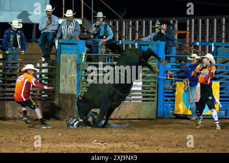 Ein professioneller Rodeo-Cowboy wird bei einem Rodeo in einer kleinen Stadt im ländlichen Utah von einem Bullen-the-Bullen-Ritt gefickt. Der Rodeo-Clown / Stierkämpfer Mov Stockfoto