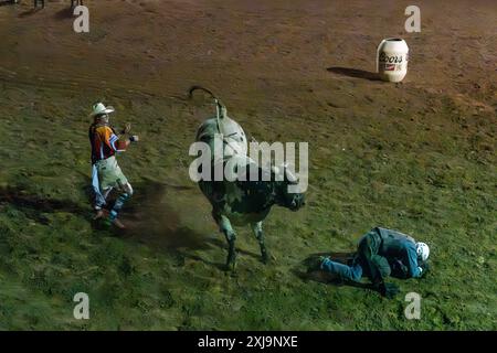 Ein professioneller Rodeo-Cowboy wird bei einem Rodeo in einer kleinen Stadt im ländlichen Utah von einem Bullen-the-Bullen-Ritt gefickt. Ein Rodeo-Clown oder ein Stierkämpfer Stockfoto