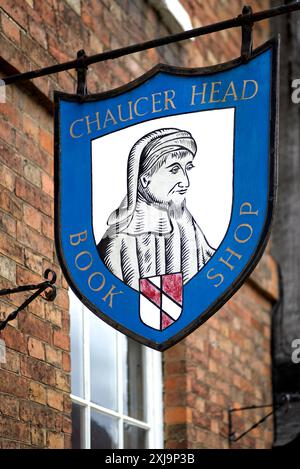 Chaucer Head Buch Shop Schild, Stratford upon Avon, England, Großbritannien Stockfoto