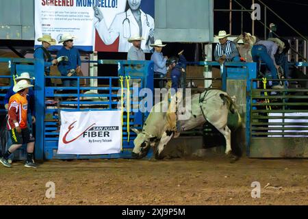 Ein professioneller Rodeo-Cowboy reitet in einem Rodeo in einer kleinen Stadt im ländlichen Utah auf einem Stier. Stockfoto