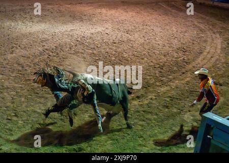 Ein professioneller Rodeo-Cowboy wird bei einem Rodeo in einer kleinen Stadt im ländlichen Utah von einem Bullen-the-Bullen-Ritt gefickt. Ein Rodeo-Clown oder ein Stierkämpfer Stockfoto
