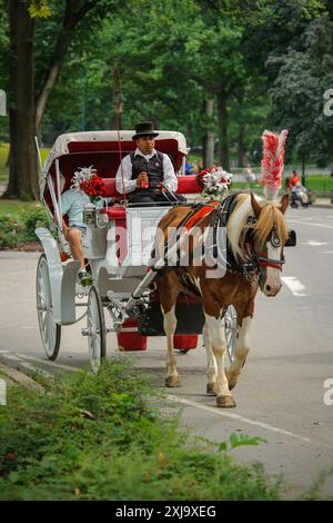 Central Park, New York, USA - Ein Paar genießt eine der vielen Kutschfahrten im Central Park in New York. Stockfoto