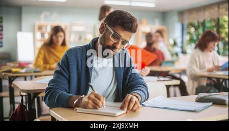 Porträt eines gutaussehenden indischen Studenten, der einen Kurs in einem Internationalen Erwachsenenbildungszentrum nimmt. Südasiatischer Mann mit Brille, sitzt hinter einem Schreibtisch und schreibt Notizen in Notizbuch Stockfoto